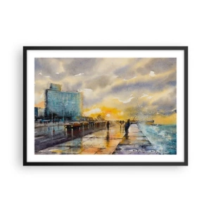 Poster in einem schwarzem Rahmen - Ein malerischer Blick auf die Strandpromenade bei Sonnenuntergang - 70x50cm - Leben am Ufer - Moderne Wanddekoration für Wohnzimmer und Schlafzimmer ARTTOR