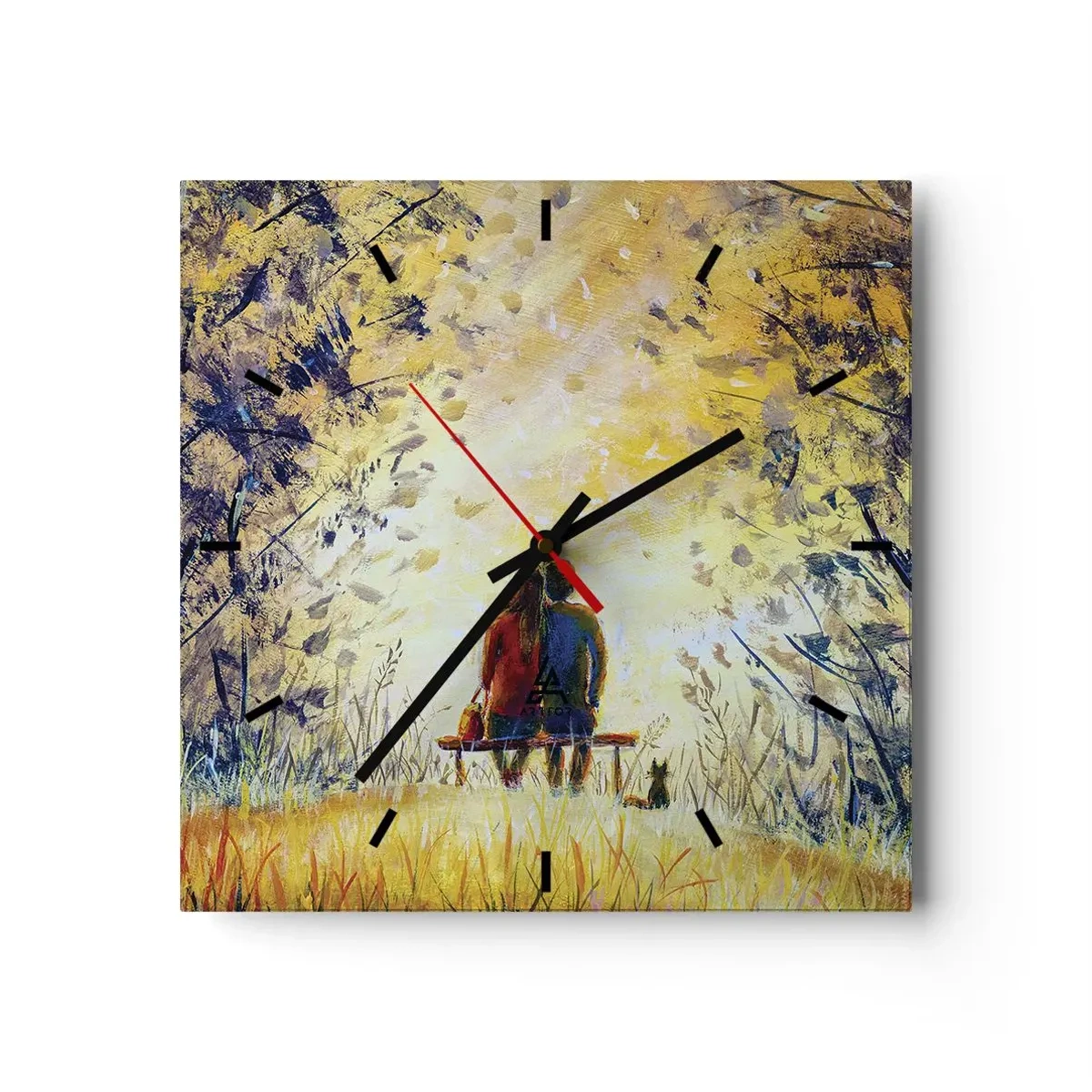 Wanduhr - Glasuhr - Ein Paar sitzt auf einer Bank zwischen herbstlichen Bäumen im Sonnenlicht - 30x30cm - Magischer Augenblick - Moderne Wanddekoration für Wohnzimmer und Schlafzimmer ARTTOR