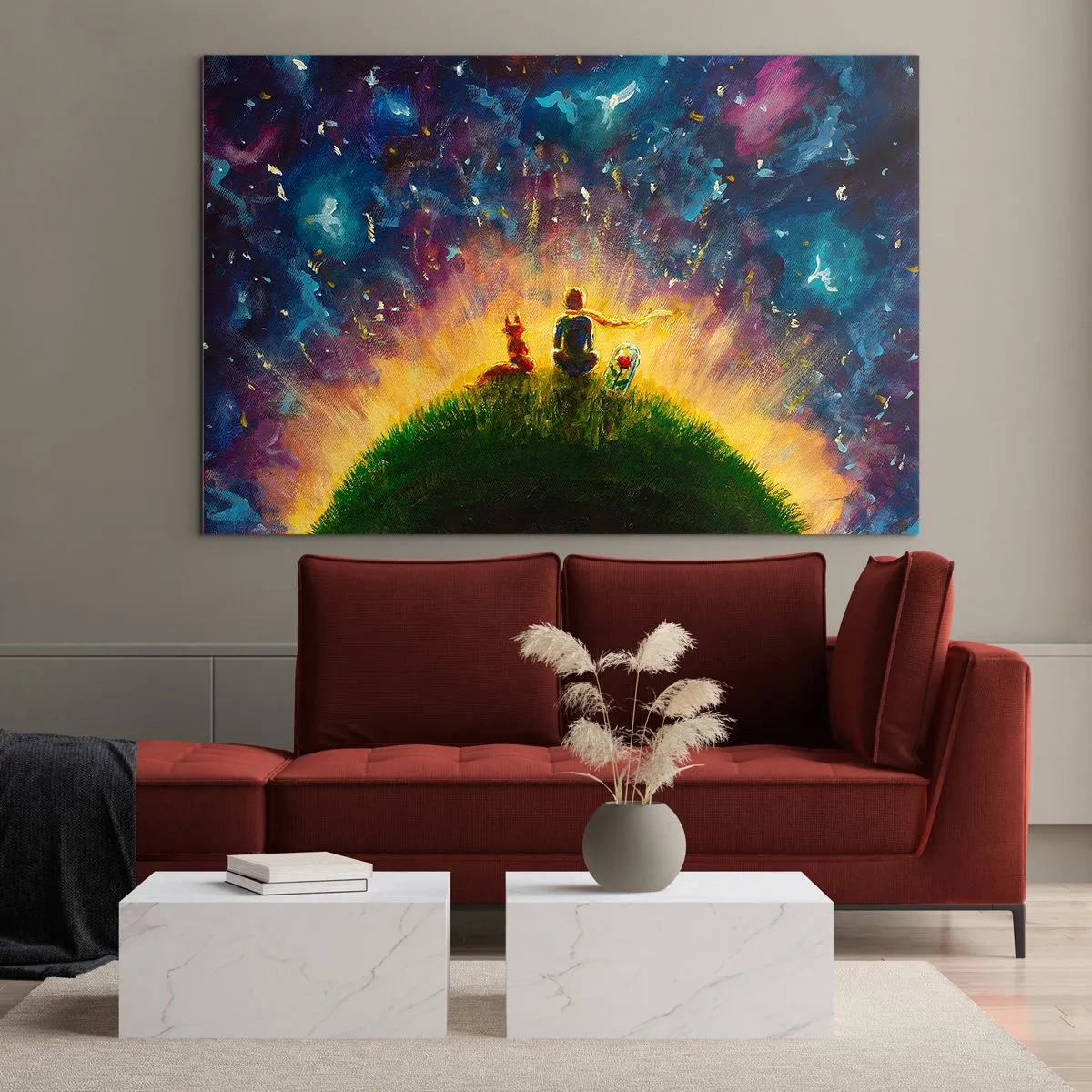 Glasbild - Bild auf glas - Eine Figur mit einem Fuchs auf einem Planeten unter einem Sternenhimmel - 70x50cm - Liebe und Freundschaft - die ganze Welt - Moderne Wanddekoration für Wohnzimmer und Schlafzimmer ARTTOR