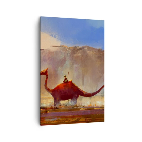 Bild auf Leinwand - Leinwandbild - Eine Fantasy-Szene mit einem Reiter auf einem prähistorischen Wesen - 80x120cm - Wenn sie nicht ausgestorben wären - Moderne Wanddekoration für Wohnzimmer und Schlafzimmer ARTTOR