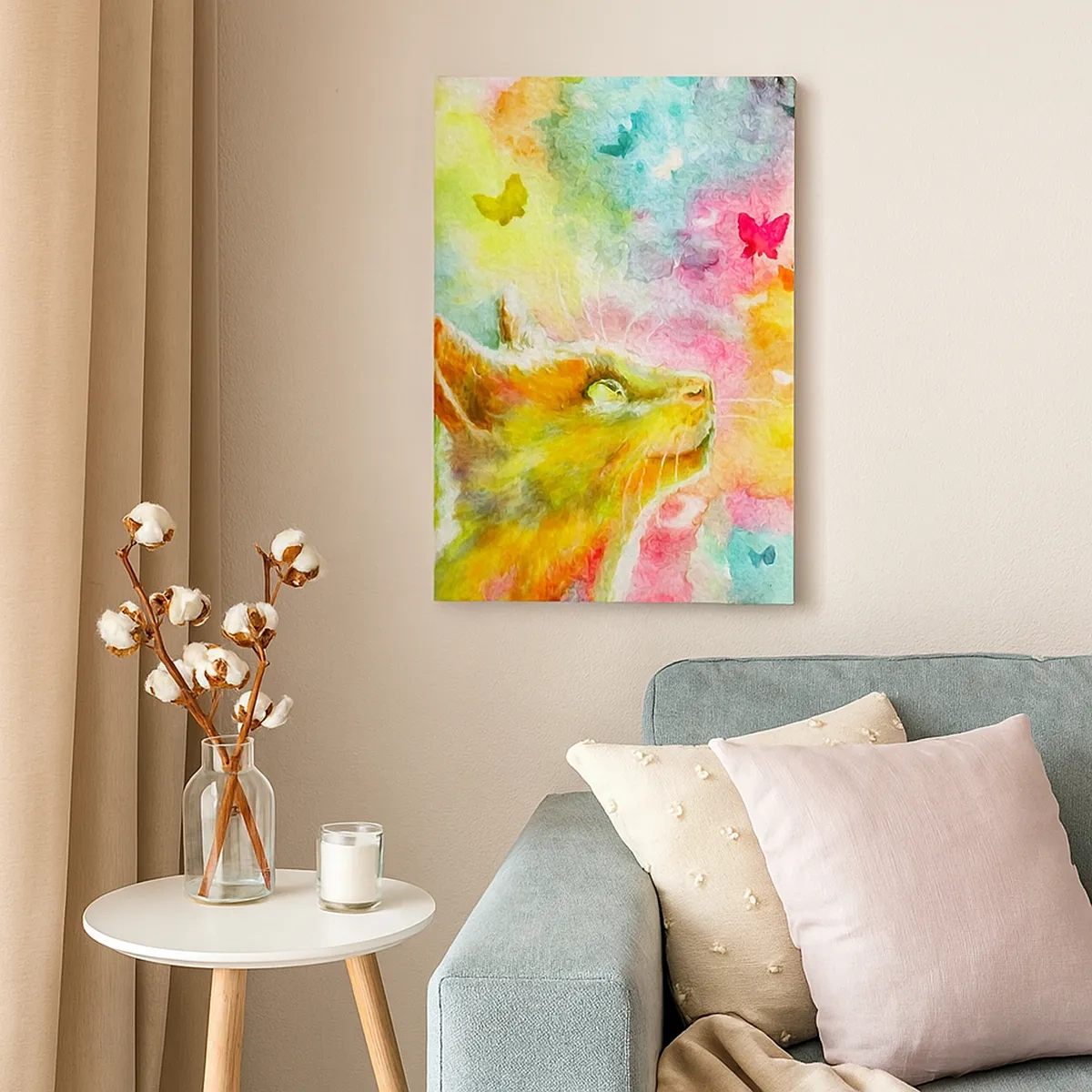 Bild auf Leinwand - Leinwandbild - Eine Katze umgeben von bunten Schmetterlingen - 50x70cm - Baju-baju im Katzenparadies - Moderne Wanddekoration für Wohnzimmer und Schlafzimmer ARTTOR