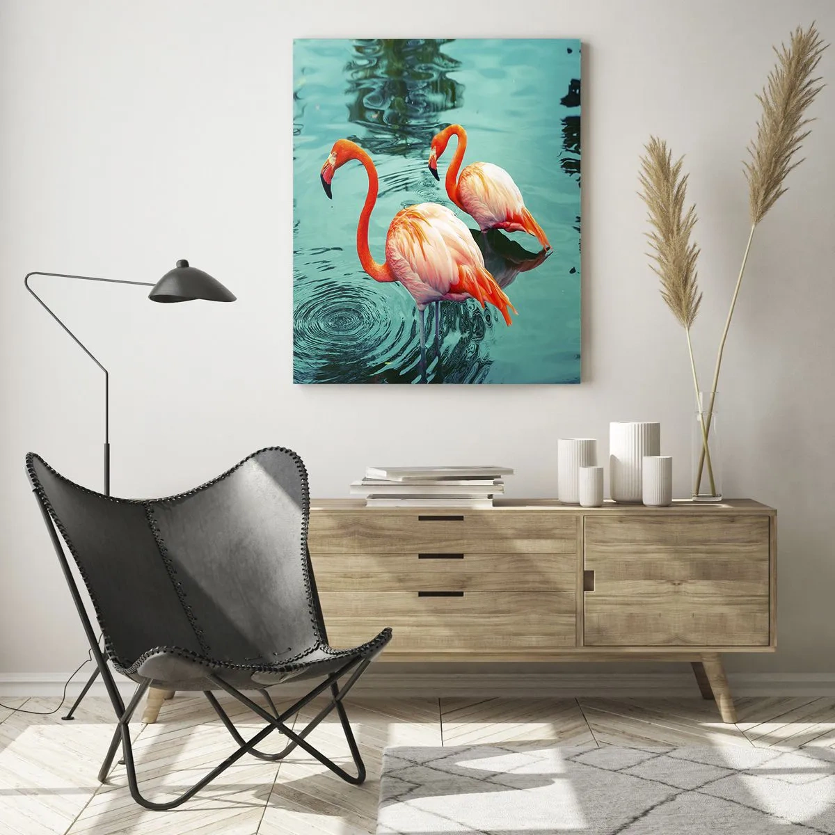 Glasbild - Bild auf glas - Flamingos auf dem Wasser in harmonischer Komposition - 50x70cm - Wir sind jetzt in Mode - Moderne Wanddekoration für Wohnzimmer und Schlafzimmer ARTTOR