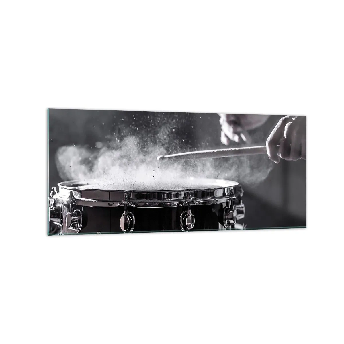 Glasbild - Bild auf glas - Schlagen der Snare Drum mit Sticks mit Staubeffekt - 120x50cm - Der Puls der Musik - Moderne Wanddekoration für Wohnzimmer und Schlafzimmer ARTTOR