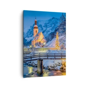 Bild auf Leinwand - Leinwandbild - Winterlandschaft mit Kirche, Brücke und Bergen in der Abenddämmerung - 50x70cm - Weihnachtsgeist - Moderne Wanddekoration für Wohnzimmer und Schlafzimmer ARTTOR