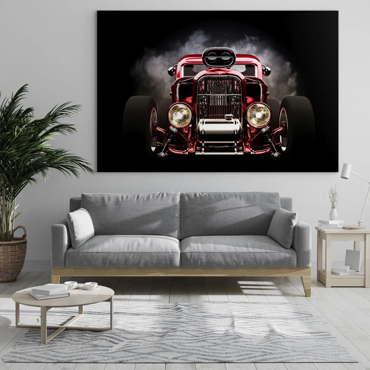 Glasbild - Bild auf glas - Roter Hot Rod in dichtem Rauch - 120x80cm - Schnell und wahnsinnig schön - Moderne Wanddekoration für Wohnzimmer und Schlafzimmer ARTTOR