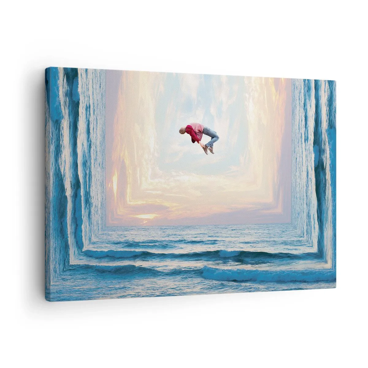 Bild auf Leinwand - Leinwandbild - Surrealer Sprung über das Meer im Rahmen - 70x50cm - In eine andere Dimension - Moderne Wanddekoration für Wohnzimmer und Schlafzimmer ARTTOR