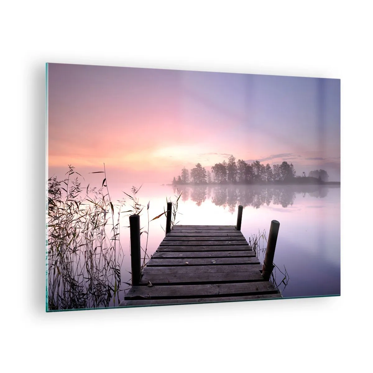 Glasbild - Bild auf glas - Ein Pier bei Sonnenaufgang über einem ruhigen See - 70x50cm - Aus dem lila Nebel ... - Moderne Wanddekoration für Wohnzimmer und Schlafzimmer ARTTOR