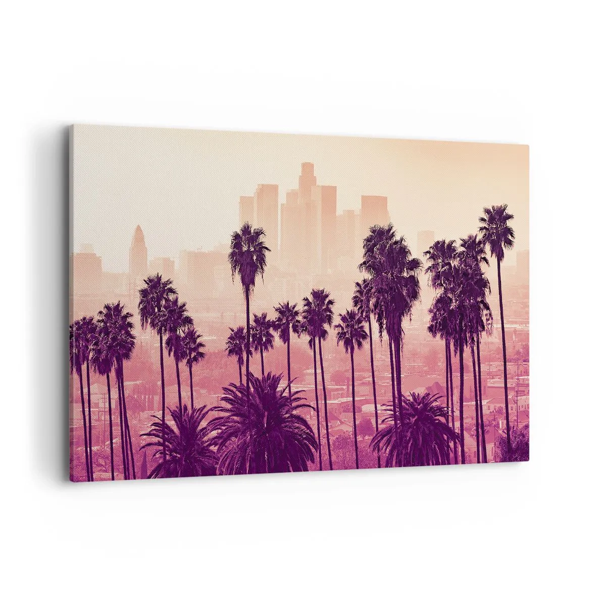 Bild auf Leinwand - Leinwandbild - Palmen vor der Kulisse einer urbanen Landschaft in warmen Farben - 120x80cm - Kalifornische Landschaft - Moderne Wanddekoration für Wohnzimmer und Schlafzimmer ARTTOR
