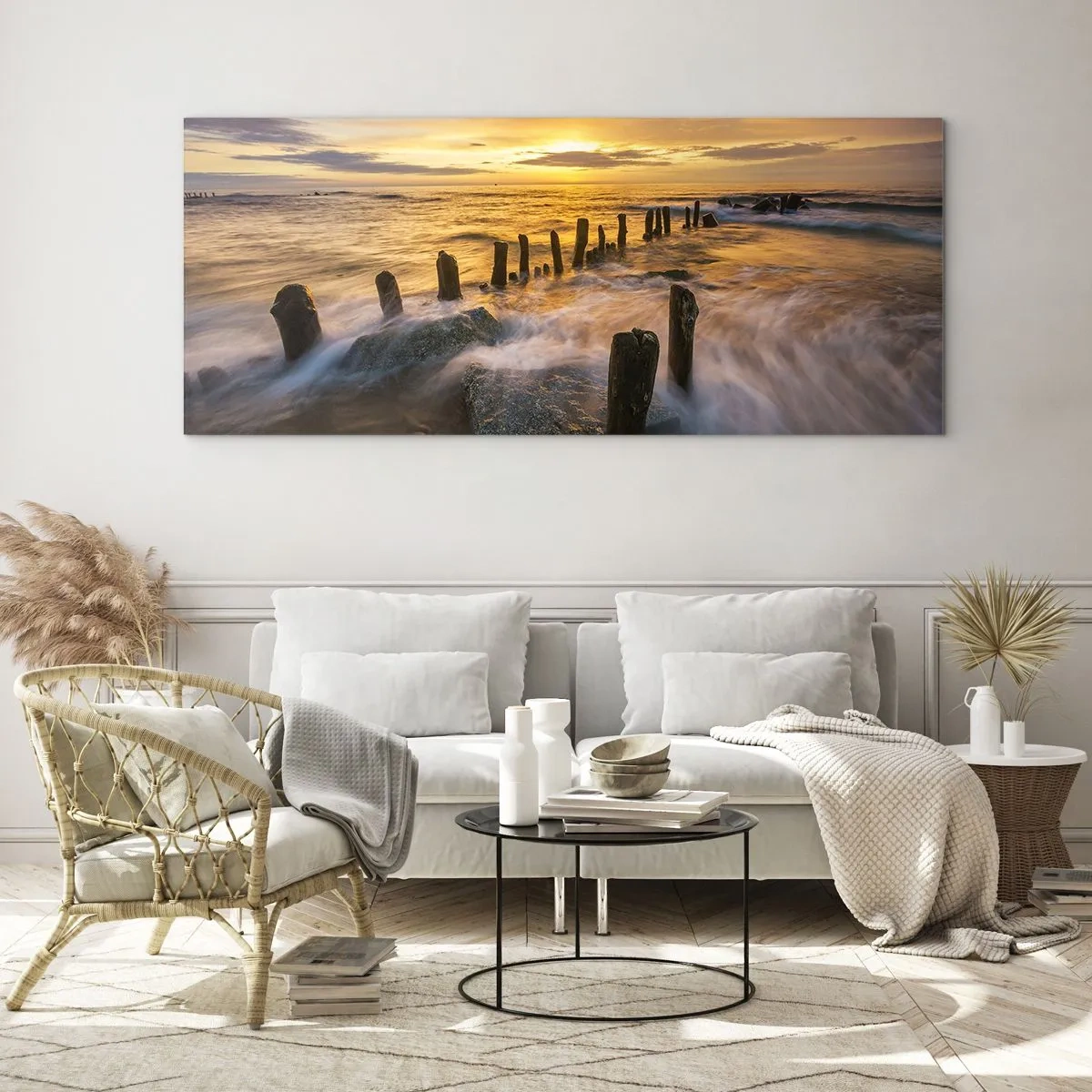 Glasbild - Bild auf glas - Sonnenuntergang über dem Meer mit den Überresten eines alten Piers - 160x50cm - Die raue Schönheit der Ostsee - Moderne Wanddekoration für Wohnzimmer und Schlafzimmer ARTTOR