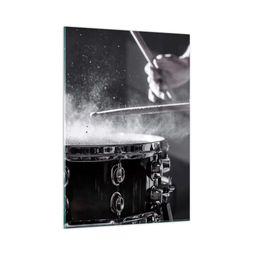 Glasbild - Bild auf glas - Trommeln in Bewegung mit schwebendem Pulver - 50x70cm - Der Puls der Musik - Moderne Wanddekoration für Wohnzimmer und Schlafzimmer ARTTOR