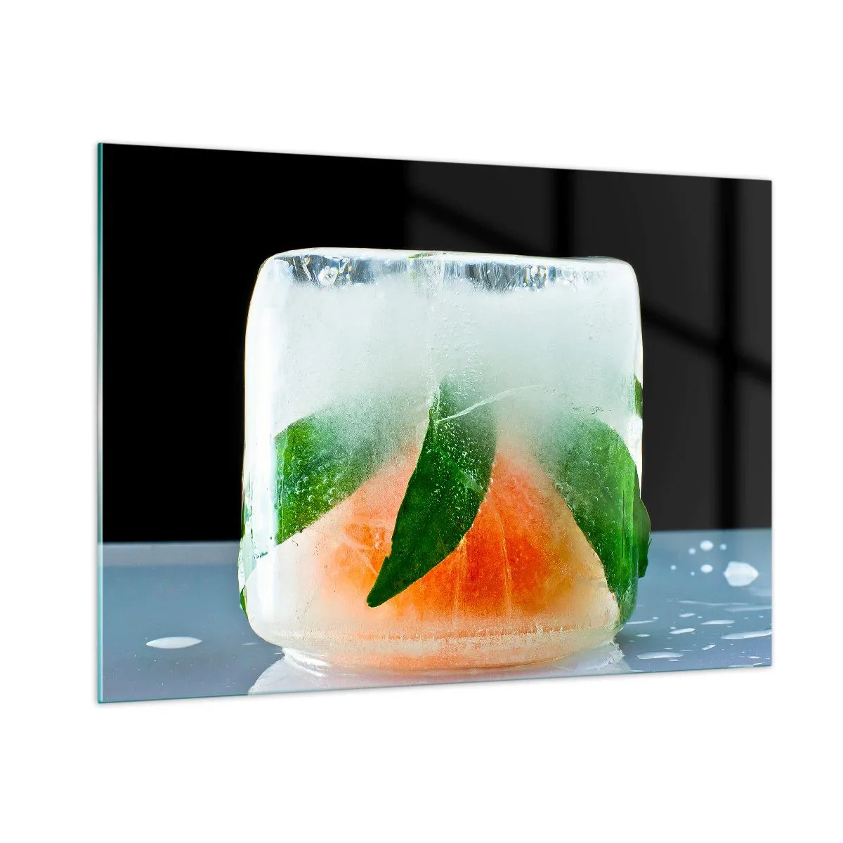 Glasbild - Bild auf glas - Früchte und Blätter in klarem Eis eingefroren - 100x70cm - Frisch und kühl - Moderne Wanddekoration für Wohnzimmer und Schlafzimmer ARTTOR
