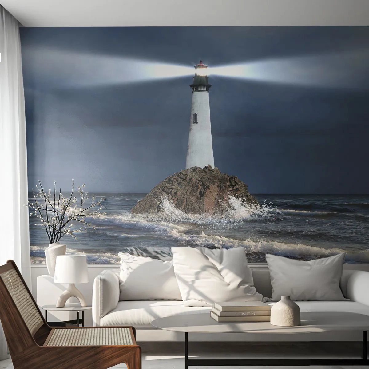 Fototapete Premium Sand - Ein Leuchtturm auf einem Felsen mitten in stürmischer See - 100x70cm - Hier... hier... hier! - Moderne Wanddekoration für Wohnzimmer und Schlafzimmer ARTTOR