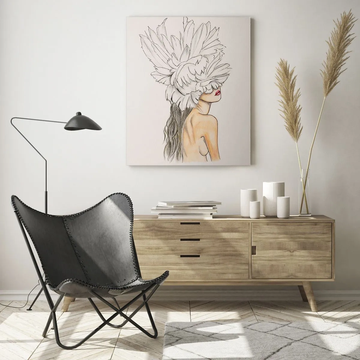Glasbild - Bild auf glas - Eine Zeichnung einer Frau mit langen Haaren und einer Krone aus großen Federn - 50x70cm - Gekrönte Schönheit - Moderne Wanddekoration für Wohnzimmer und Schlafzimmer ARTTOR