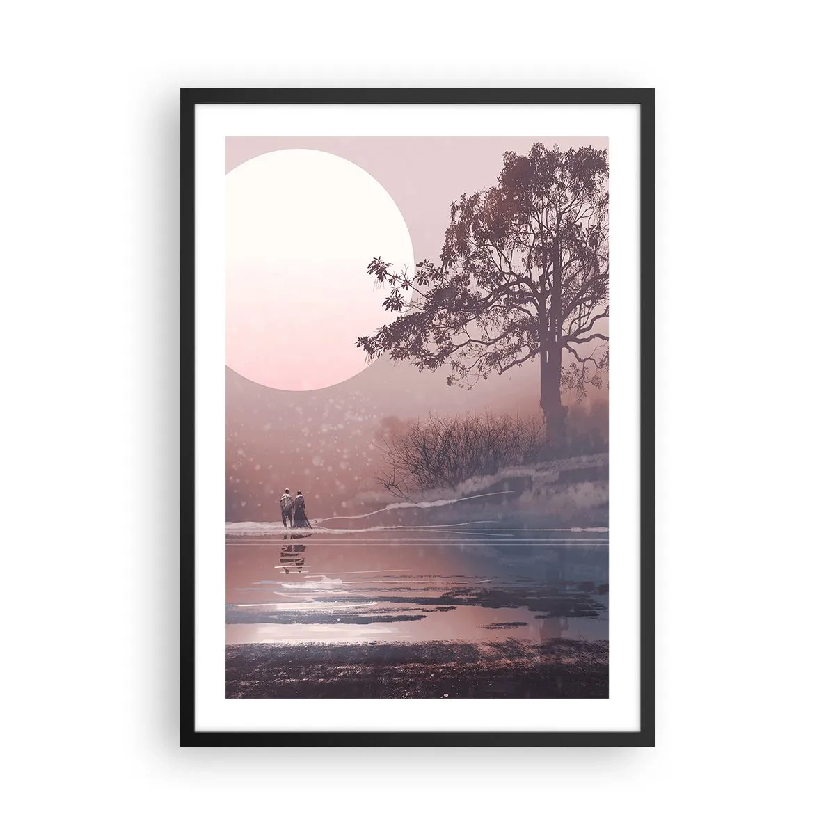Poster in einem schwarzem Rahmen - Romantische Landschaft mit Mond und Baum am Wasser - 50x70cm - Wunder der Nacht - Moderne Wanddekoration für Wohnzimmer und Schlafzimmer ARTTOR