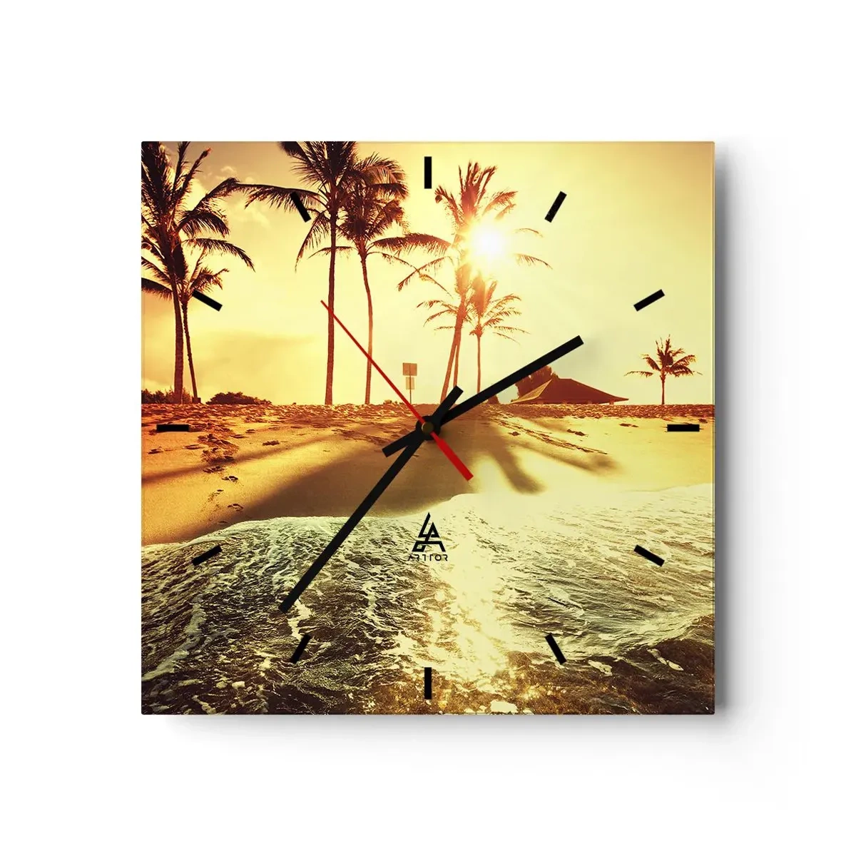 Wanduhr - Glasuhr - Ein Strand mit Palmen, beleuchtet von einem warmen Sonnenuntergang - 30x30cm - Kalifornien am Nachmittag - Moderne Wanddekoration für Wohnzimmer und Schlafzimmer ARTTOR