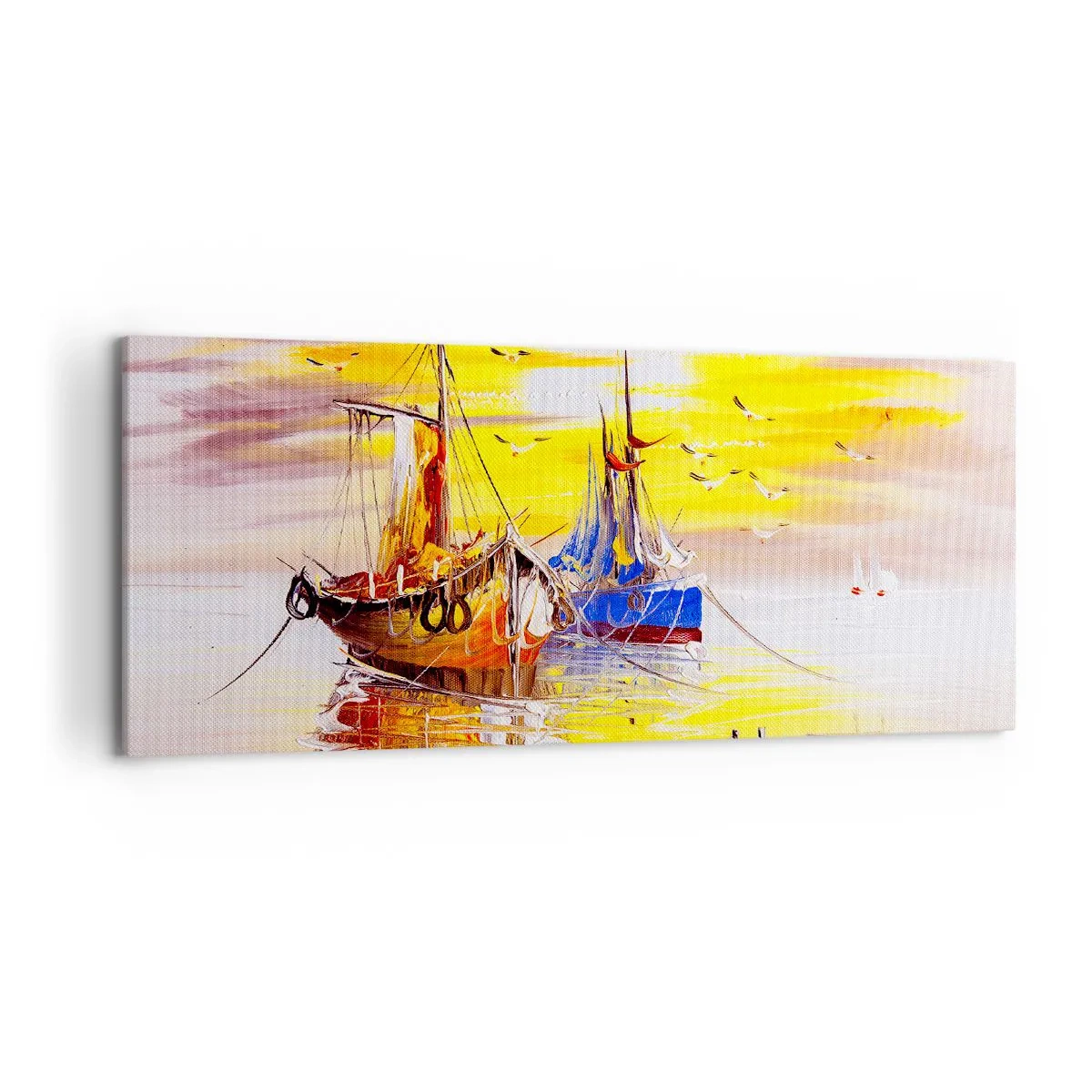 Bild auf Leinwand - Leinwandbild - Eine malerische Szene von Booten auf ruhiger See - 120x50cm - Eine wohlverdiente Pause im Hafen - Moderne Wanddekoration für Wohnzimmer und Schlafzimmer ARTTOR