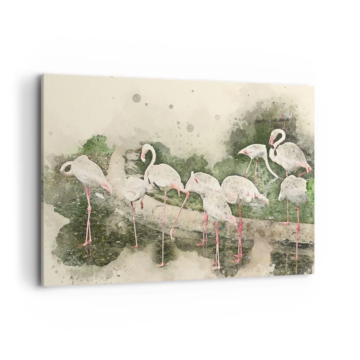 Bild auf Leinwand - Leinwandbild - Flamingos in ihrer natürlichen Umgebung im Aquarellstil - 100x70cm - Exotischer Traum - Moderne Wanddekoration für Wohnzimmer und Schlafzimmer ARTTOR