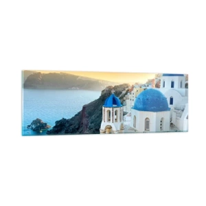 Glasbild - Bild auf glas - Santorini - an die Felsen gekuschelt - 90x30 cm