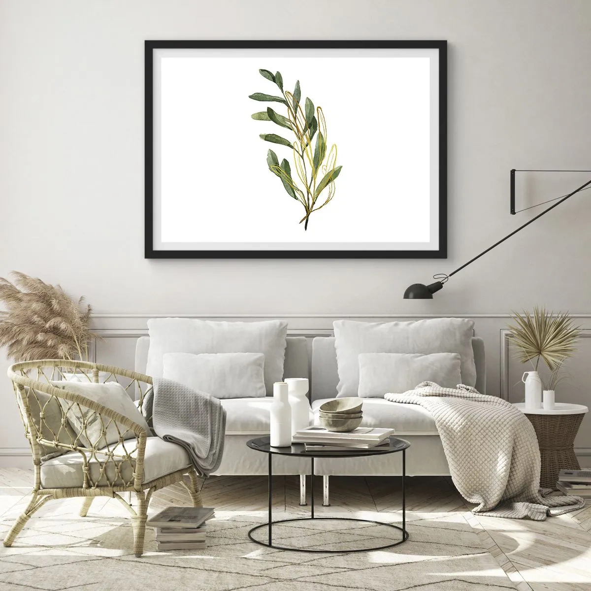 Poster in einem schwarzem Rahmen - Grüner Zweig mit Blättern auf weißem Hintergrund - 70x50cm - Alles was gut ist - Moderne Wanddekoration für Wohnzimmer und Schlafzimmer ARTTOR