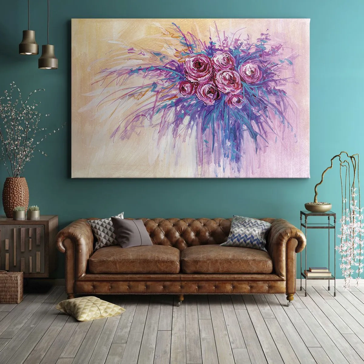 Bild auf Leinwand - Leinwandbild - Ein Strauß Rosen in Pastellfarben - 70x50cm - Rosenbrunnen - Moderne Wanddekoration für Wohnzimmer und Schlafzimmer ARTTOR