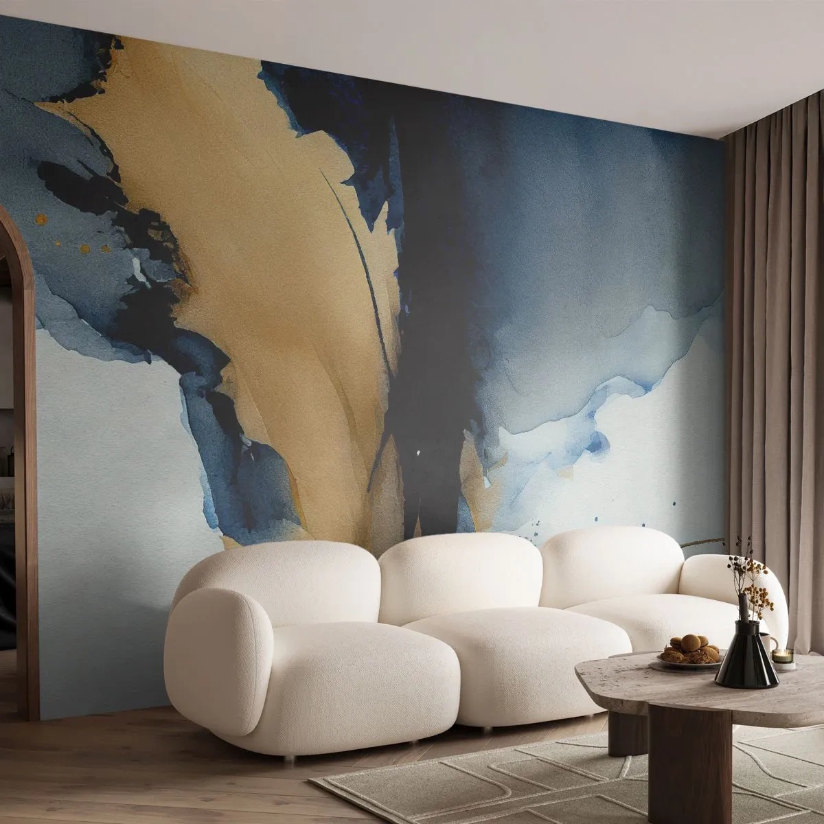 Fototapete Standard Eco - Abstraktes Gemälde in Marineblau und Gold im Aquarellstil - 100x70cm - Hinter dem Vorhang - Moderne Wanddekoration für Wohnzimmer und Schlafzimmer ARTTOR