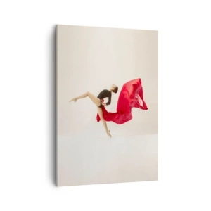 Bild auf Leinwand - Leinwandbild - Eine dynamische Tänzerin in schwarzem Outfit und rotem Stoff in Bewegung. - 50x70cm - Rot und Schwarz - Moderne Wanddekoration für Wohnzimmer und Schlafzimmer ARTTOR