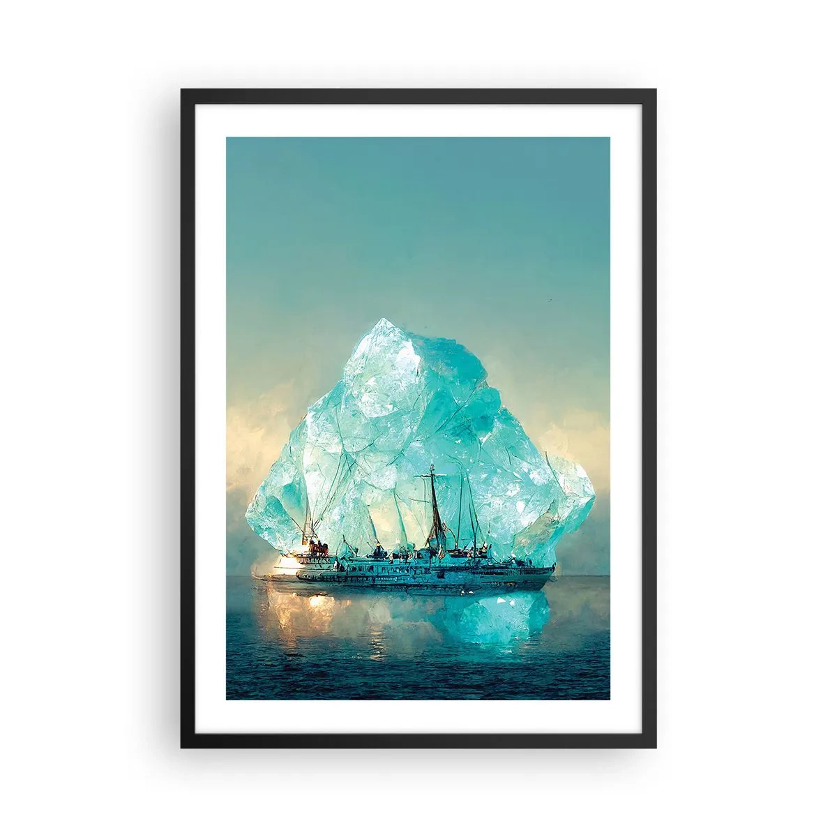 Poster in einem schwarzem Rahmen - Ein Schiff in der Nähe eines riesigen Eisbergs - 50x70cm - Arktischer Diamant - Moderne Wanddekoration für Wohnzimmer und Schlafzimmer ARTTOR