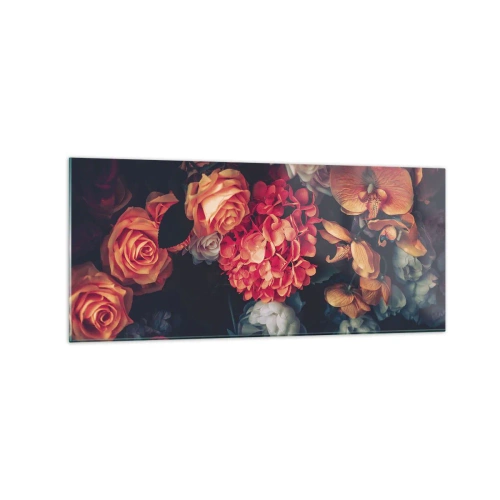 Glasbild - Bild auf glas - Ein Strauß verschiedener Blumen in dunklen Tönen - 120x50cm - Wie bei den holländischen Meistern - Moderne Wanddekoration für Wohnzimmer und Schlafzimmer ARTTOR