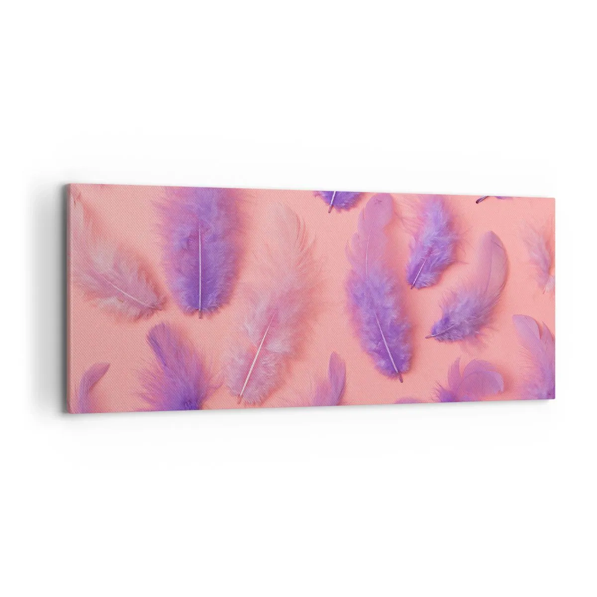 Bild auf Leinwand - Leinwandbild - Lila und rosa Federn auf pastellfarbenem Hintergrund - 120x50cm - Lila Vogel der Begierde - Moderne Wanddekoration für Wohnzimmer und Schlafzimmer ARTTOR
