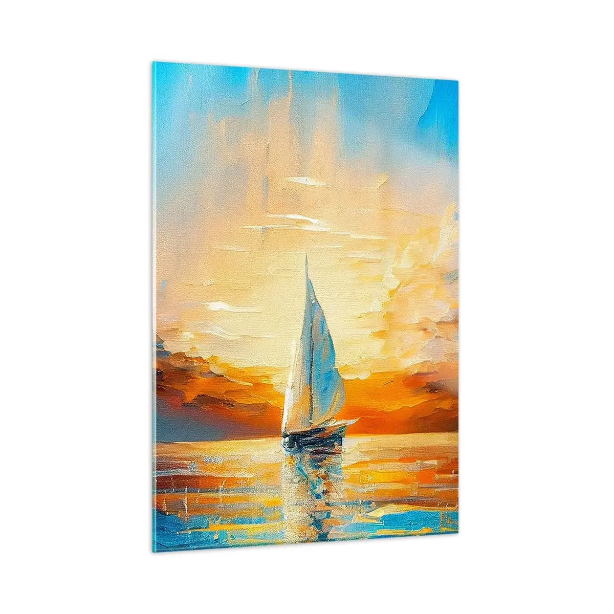 Glasbild - Bild auf glas - Ein Segelboot auf See im Licht der untergehenden Sonne - 50x70cm - In Gold segeln - Moderne Wanddekoration für Wohnzimmer und Schlafzimmer ARTTOR