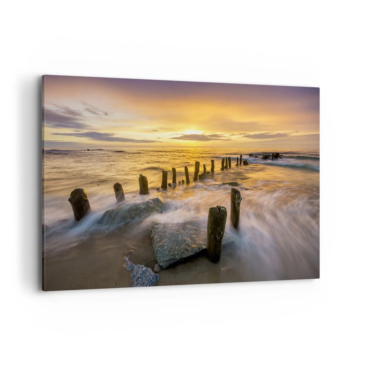 Bild auf Leinwand - Leinwandbild - Sonnenuntergang über dem Meer mit den Überresten eines alten Piers - 100x70cm - Die raue Schönheit der Ostsee - Moderne Wanddekoration für Wohnzimmer und Schlafzimmer ARTTOR