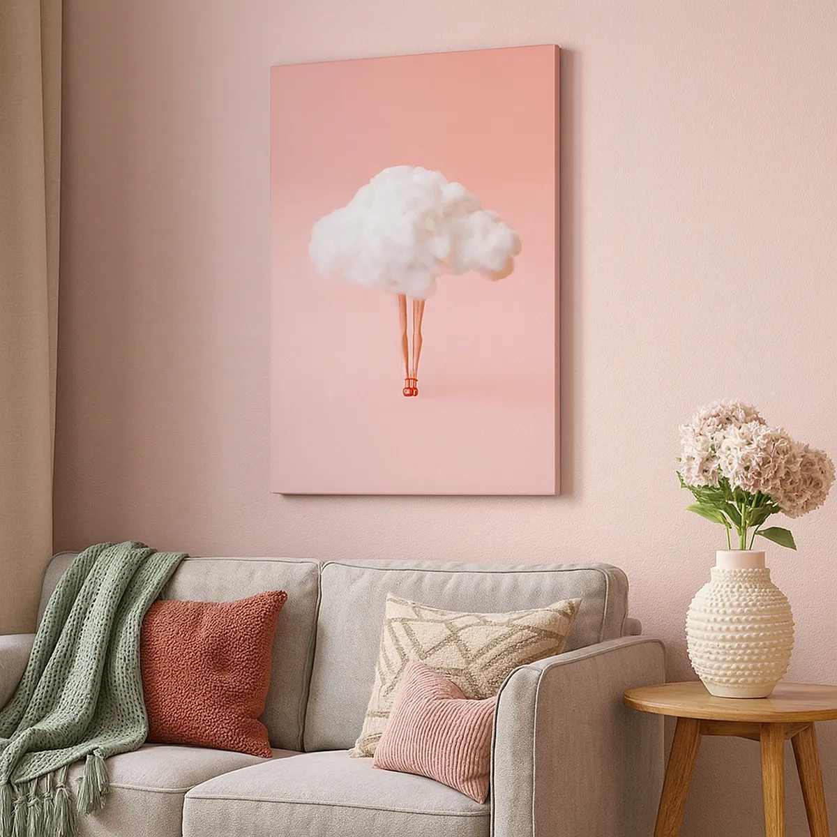 Bild auf Leinwand - Leinwandbild - Beine in einer Wolke auf rosa Hintergrund - 50x70cm - Süßes Versprechen - Moderne Wanddekoration für Wohnzimmer und Schlafzimmer ARTTOR