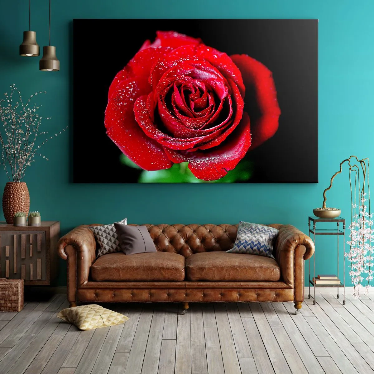Bild auf Leinwand - Leinwandbild - Eine rote Rose mit Tautropfen auf schwarzem Hintergrund. - 120x80cm - Das ist Liebe - Moderne Wanddekoration für Wohnzimmer und Schlafzimmer ARTTOR