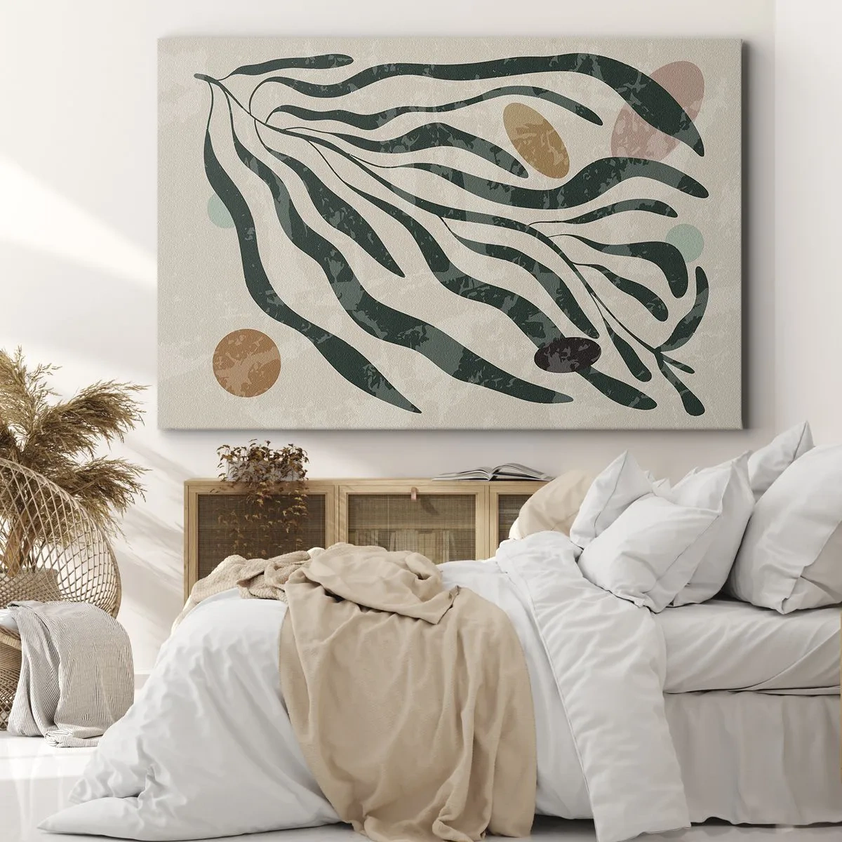 Bild auf Leinwand - Leinwandbild - Organische Linien und Formen in Grün und Beige - 70x50cm - Im Grünen - Moderne Wanddekoration für Wohnzimmer und Schlafzimmer ARTTOR