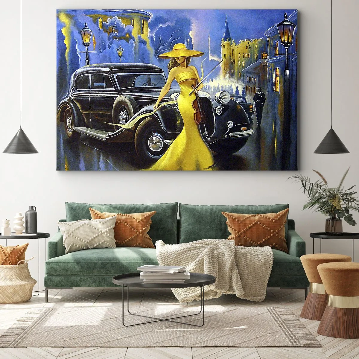Bild auf Leinwand - Leinwandbild - Eine Frau in einem gelben Kleid mit einer Geige neben einem Retro-Auto. - 100x70cm - Nocturne für Violine und Liebe - Moderne Wanddekoration für Wohnzimmer und Schlafzimmer ARTTOR