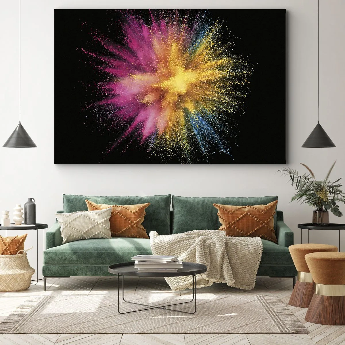 Bild auf Leinwand - Leinwandbild - Bunte Pulverexplosion auf schwarzem Hintergrund - 70x50cm - Die Geburt der Farben - Moderne Wanddekoration für Wohnzimmer und Schlafzimmer ARTTOR
