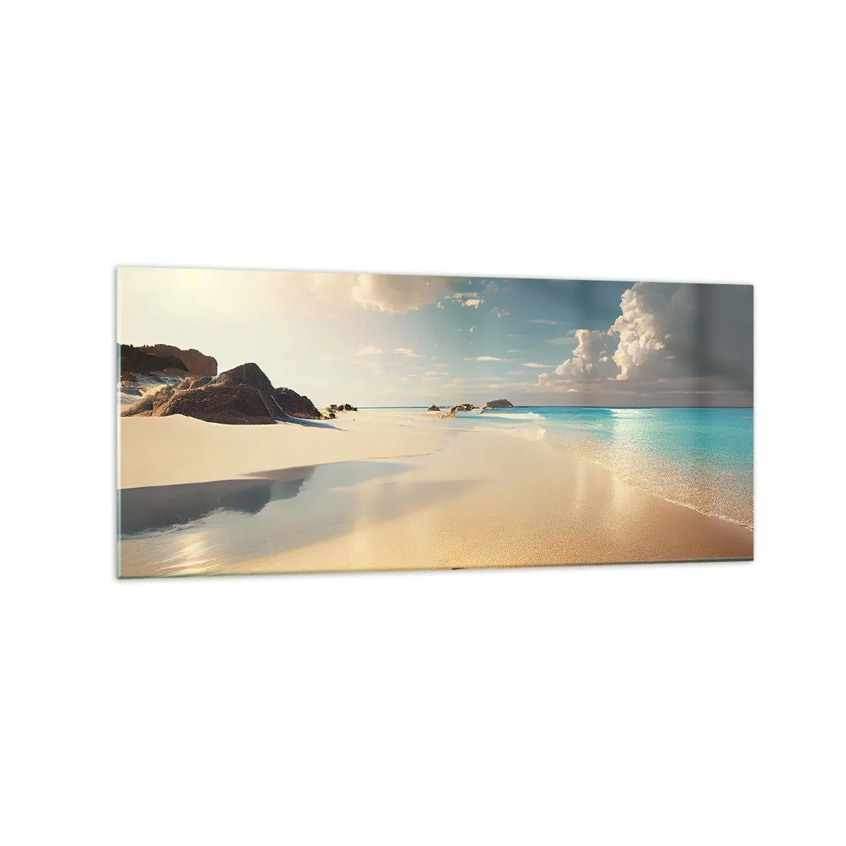 Glasbild - Bild auf glas - Ein sonniger Strand mit blauem Meer und Felsen - 120x50cm - Erträumter Tag - Moderne Wanddekoration für Wohnzimmer und Schlafzimmer ARTTOR