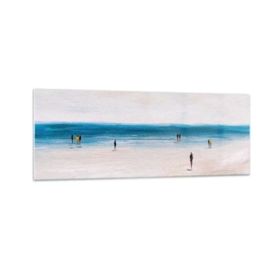 Glasbild - Bild auf glas - Ein Strand mit Menschen vor der Kulisse eines ruhigen Meeres - 140x50cm - Natürliches Bedürfnis - Moderne Wanddekoration für Wohnzimmer und Schlafzimmer ARTTOR