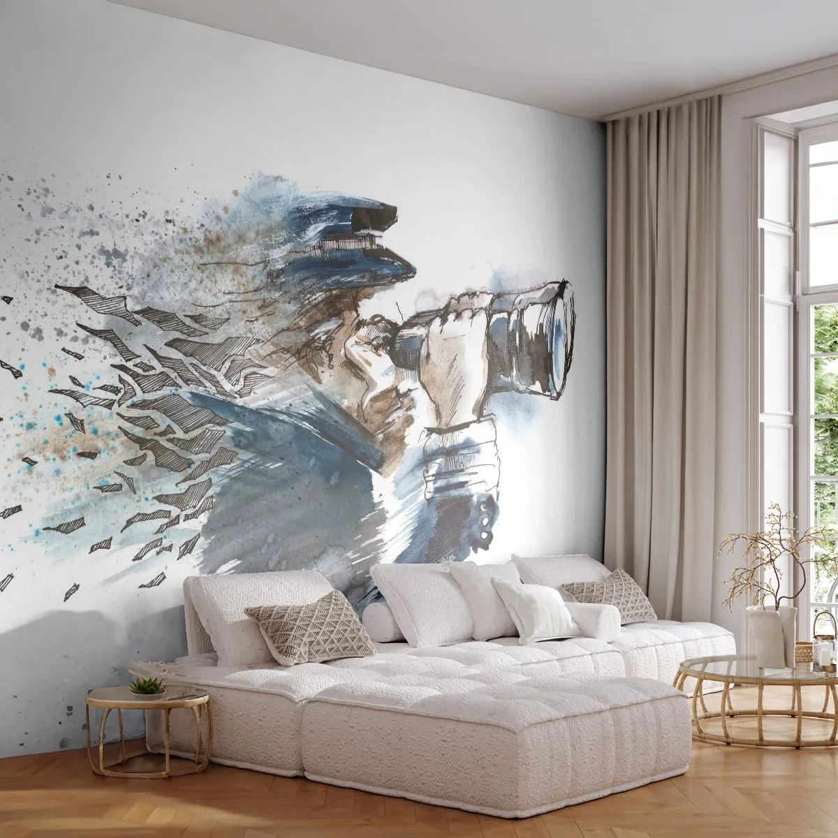 Fototapete Premium Sand - Kapitän mit einem Teleskop im Aquarellstil - 100x70cm - Zehn auf der Beaufort-Skala! - Moderne Wanddekoration für Wohnzimmer und Schlafzimmer ARTTOR