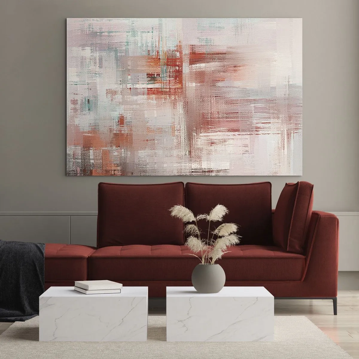 Glasbild - Bild auf glas - Eine abstrakte Komposition in Rot- und Beigetönen. - 70x50cm - Dunstig. Aber rosa - Moderne Wanddekoration für Wohnzimmer und Schlafzimmer ARTTOR