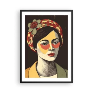Poster in einem schwarzem Rahmen - Stilisiertes Porträt einer Frau mit Turban und floralem Akzent - 50x70cm - Korallendame - Moderne Wanddekoration für Wohnzimmer und Schlafzimmer ARTTOR