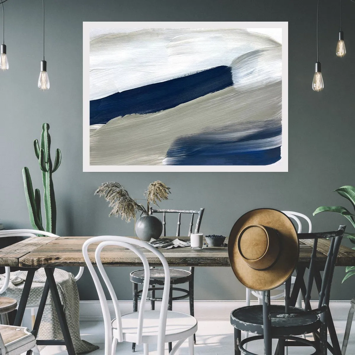 Poster - Abstrakte Pinselstriche in Blau- und Grautönen - 100x70cm - Begegnung mit dem Weißsein - Moderne Wanddekoration für Wohnzimmer und Schlafzimmer ARTTOR