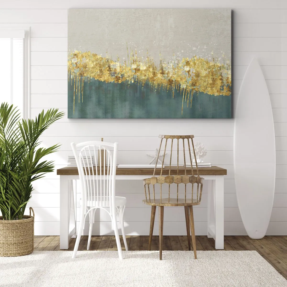 Bild auf Leinwand - Leinwandbild - Goldene Akzente auf grün-beigem Untergrund - 70x50cm - Goldener Rand - Moderne Wanddekoration für Wohnzimmer und Schlafzimmer ARTTOR
