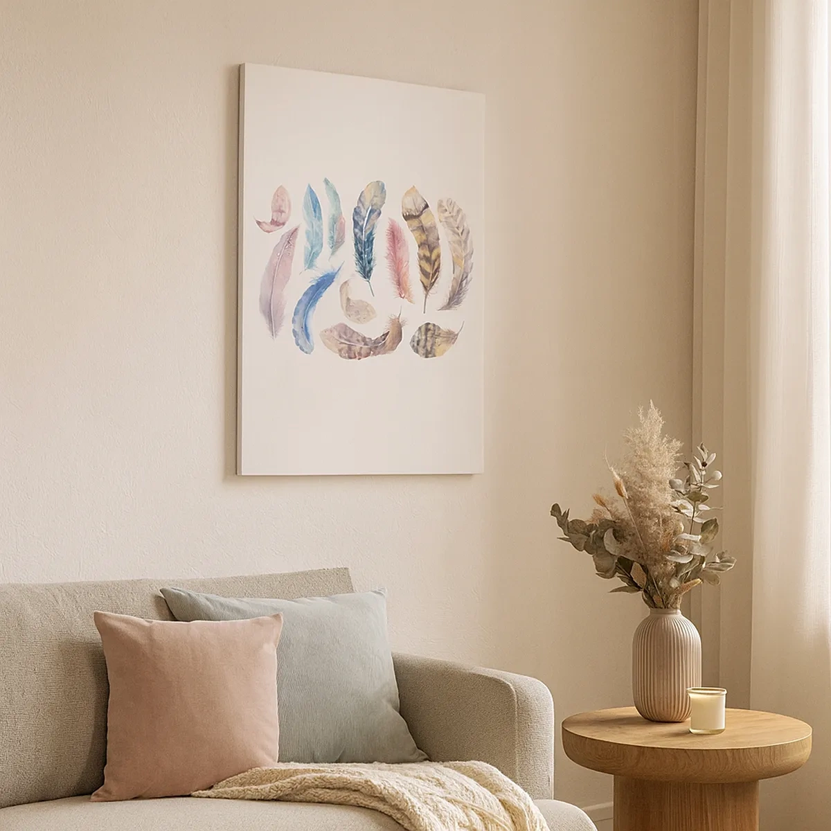 Bild auf Leinwand - Leinwandbild - Bunte Federn im zarten Aquarell-Stil - 50x70cm - Hell, bunt und bunt - Moderne Wanddekoration für Wohnzimmer und Schlafzimmer ARTTOR