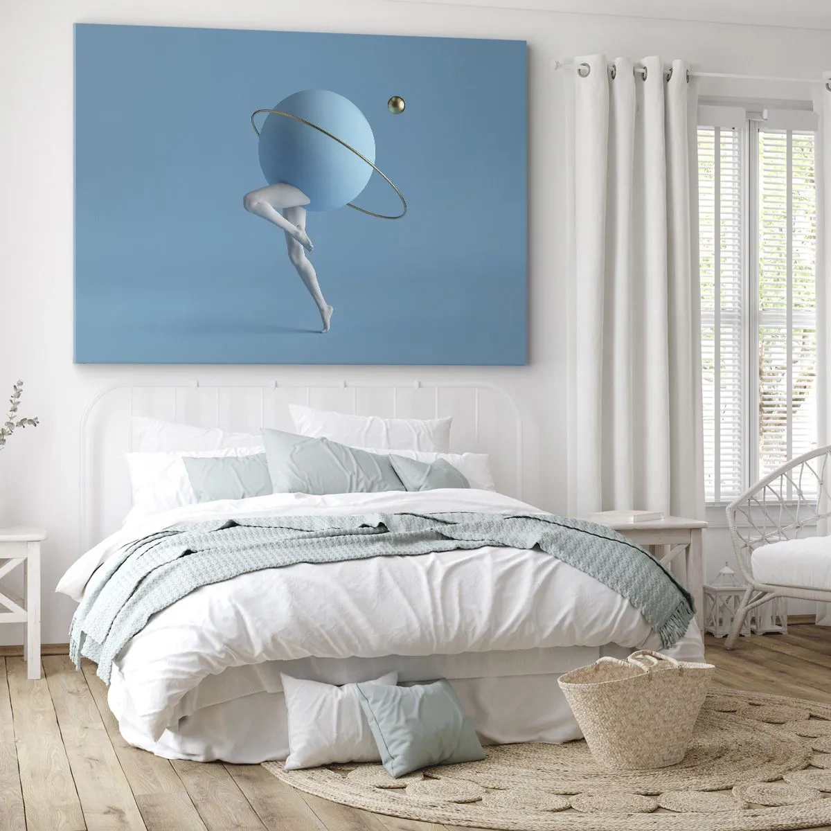 Bild auf Leinwand - Leinwandbild - Eine blaue Kugel mit einer Umlaufbahn und menschlichen Beinen vor dem Himmel - 70x50cm - Und die Planeten spielen verrückt - Moderne Wanddekoration für Wohnzimmer und Schlafzimmer ARTTOR