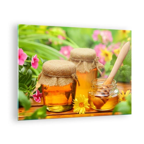 Glasbild - Bild auf glas - Gläser mit Honig vor einem Hintergrund von Blumen im Garten - 70x50cm - Süß und blumig - Moderne Wanddekoration für Wohnzimmer und Schlafzimmer ARTTOR