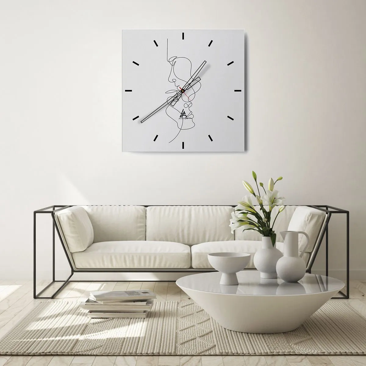 Wanduhr - Glasuhr - Eine minimalistische Zeichnung von zwei Gesichtern in einer Linie. - 30x30cm - Die Hitze bitterer Begierden - Moderne Wanddekoration für Wohnzimmer und Schlafzimmer ARTTOR