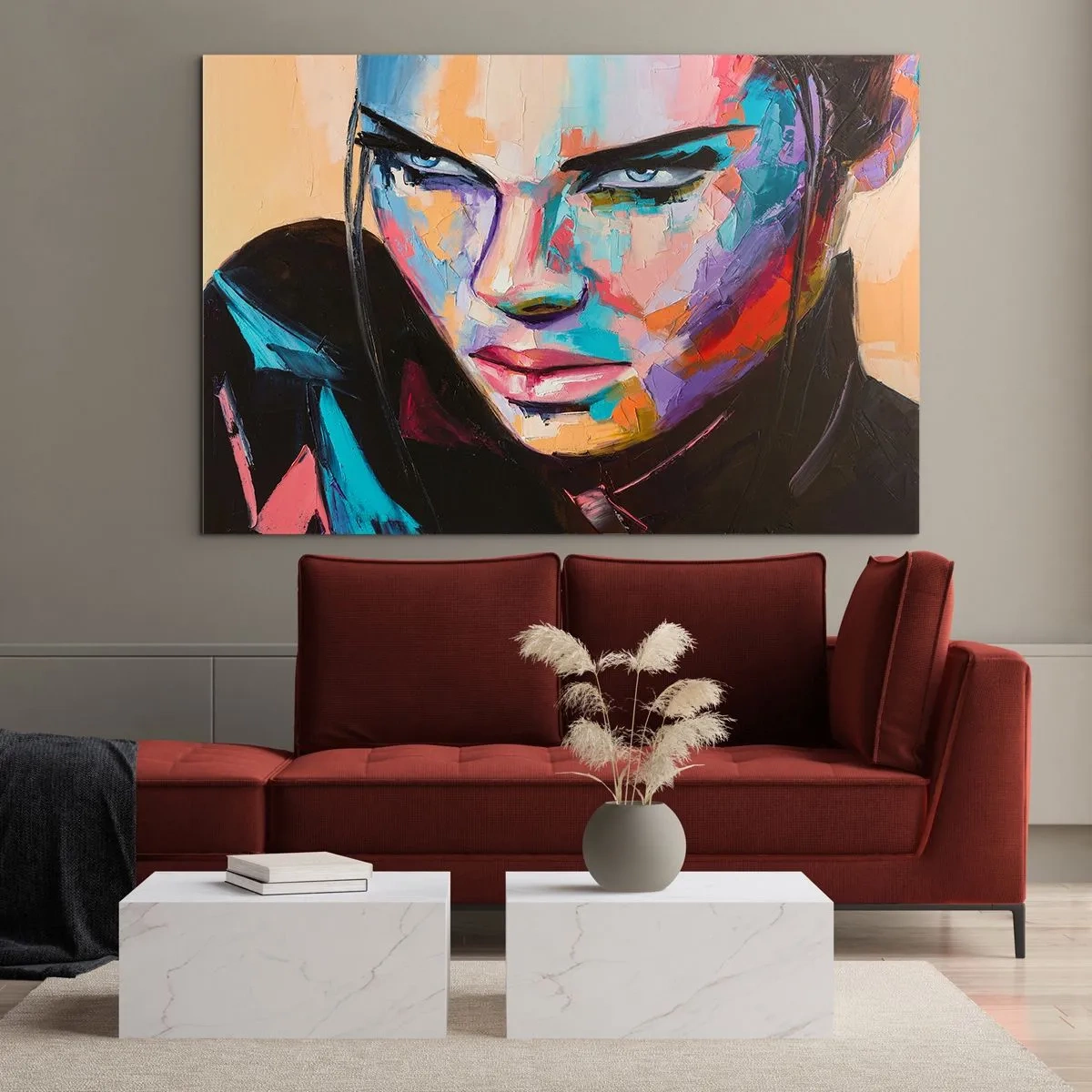 Glasbild - Bild auf glas - Porträt einer Frau in leuchtenden Farben vor abstraktem Hintergrund - 70x50cm - Wild im Herzen - Moderne Wanddekoration für Wohnzimmer und Schlafzimmer ARTTOR