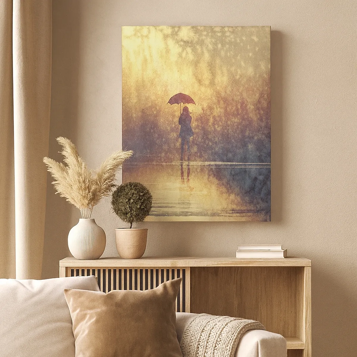 Bild auf Leinwand - Leinwandbild - Eine Figur mit einem Regenschirm in einer nebligen Landschaft voller Reflexionen - 50x70cm - Ich habe das Gefühl, dass mich jemand ansieht - Moderne Wanddekoration für Wohnzimmer und Schlafzimmer ARTTOR