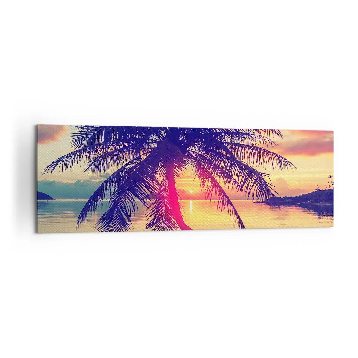 Bild auf Leinwand - Leinwandbild - Sonnenuntergang mit einer Palme über einem ruhigen Ufer - 160x50cm - Abend unter Palmen - Moderne Wanddekoration für Wohnzimmer und Schlafzimmer ARTTOR